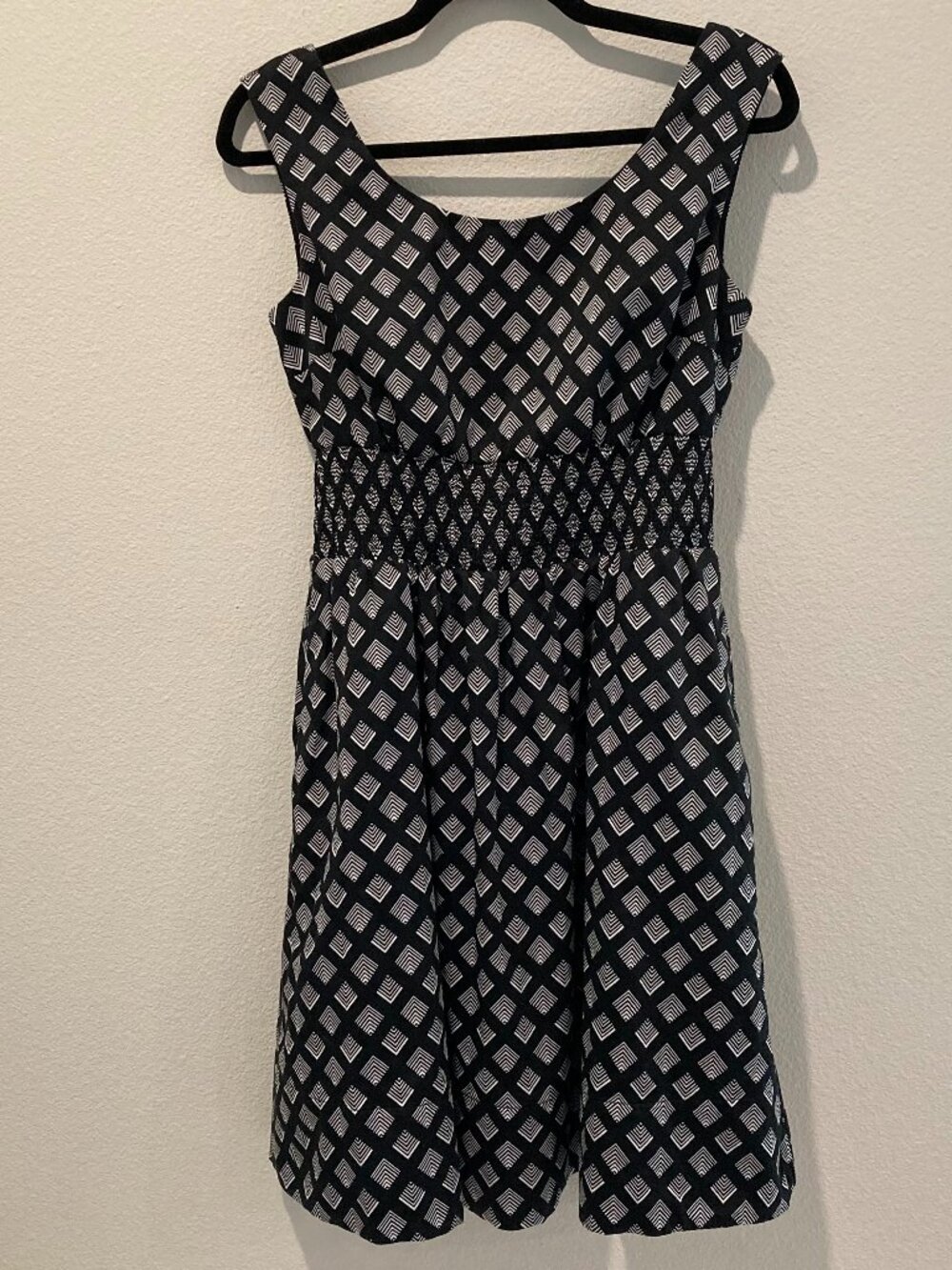 White House Black Market Black Geometric Smocked Waist Dress